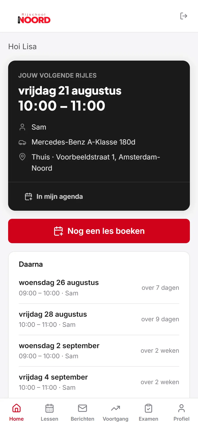 Startscherm van Mijn Rijschool Noord met de volgende rijles, berichten en de knop om een les te boeken