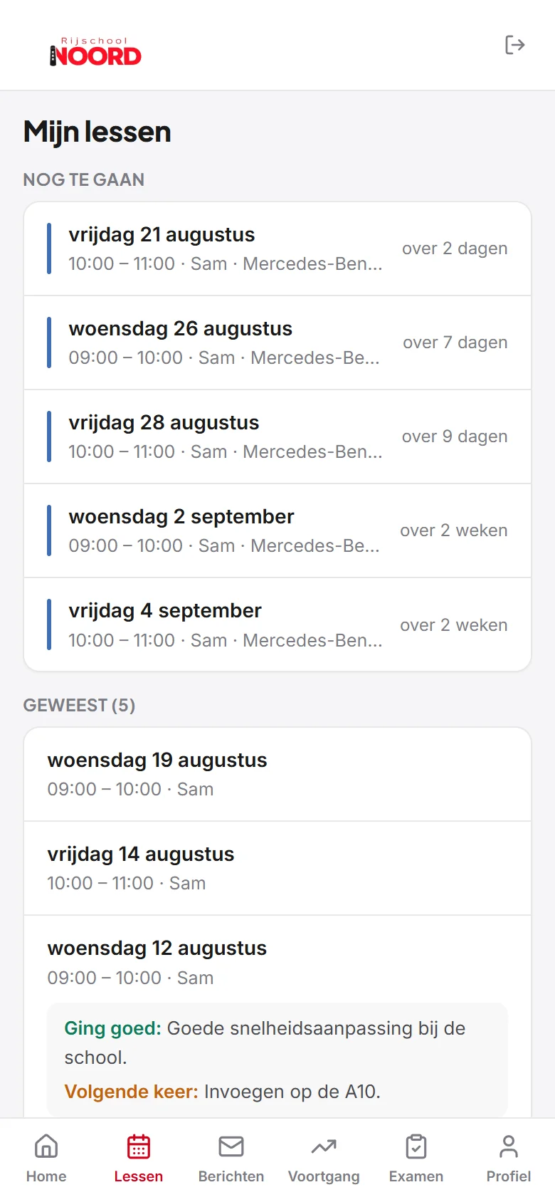 Overzicht van komende en afgeronde rijlessen met een korte notitie van de instructeur