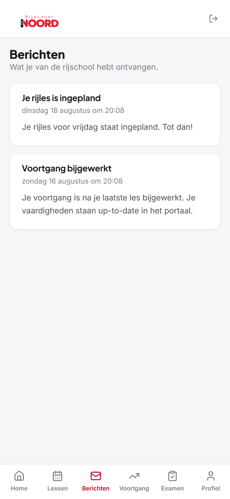 Berichtenscherm met berichten van de rijschool over de planning en de voortgang